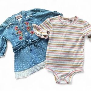Little Lass denim dress and striped ribbed one piece outfit - size 24 months